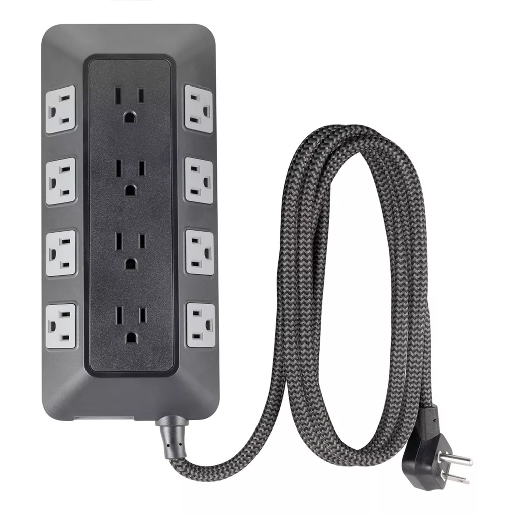 12‑Outlet Surge‑Protected Power Strip 8Ft Braided Cord Multi‑Sided Sockets Flat Plug