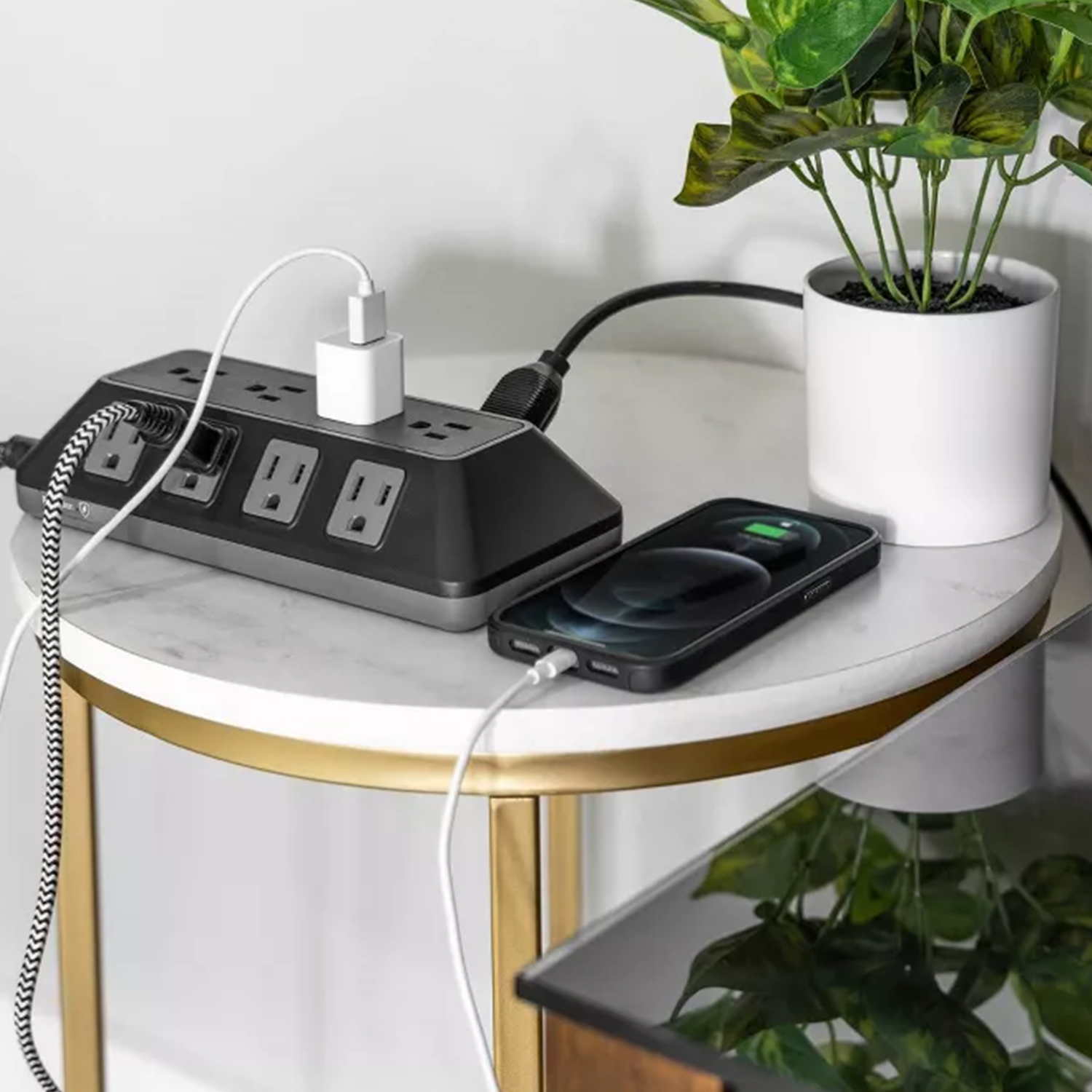 12‑Outlet Surge‑Protected Power Strip 8Ft Braided Cord Multi‑Sided Sockets Flat Plug