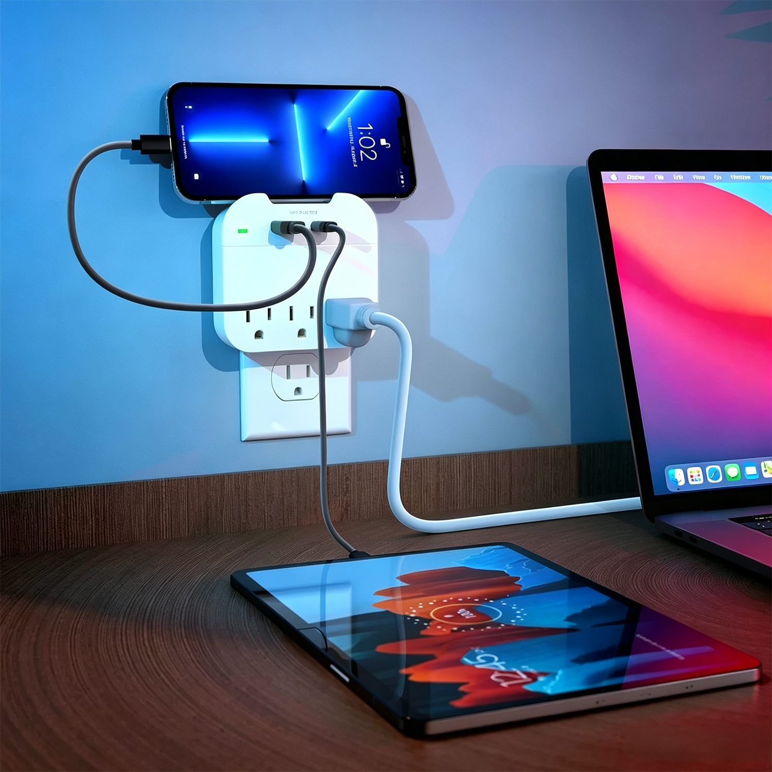 Wall‑Mount Outlet Extender 3 AC Outlets USB‑A USB‑C