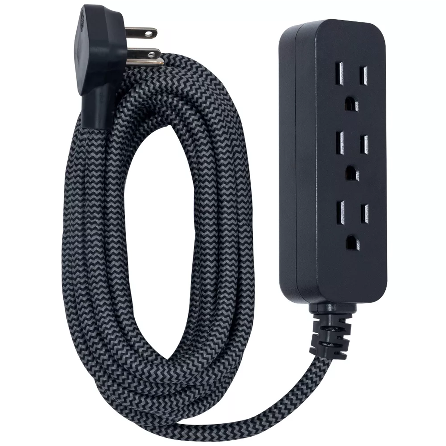 3‑Outlet Surge‑Protected Extension Cord 15Ft Braided Fabric Cord Low‑Profile Angled Flat Plug