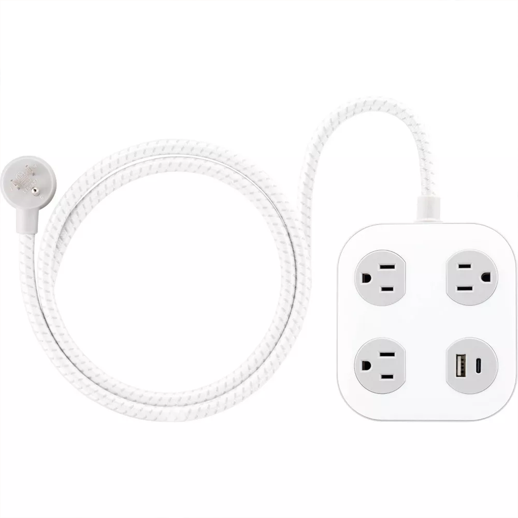 3‑Outlet Surge‑Protected Power Strip 4Ft Braided Cord USB‑A USB‑C 12W Flat Plug